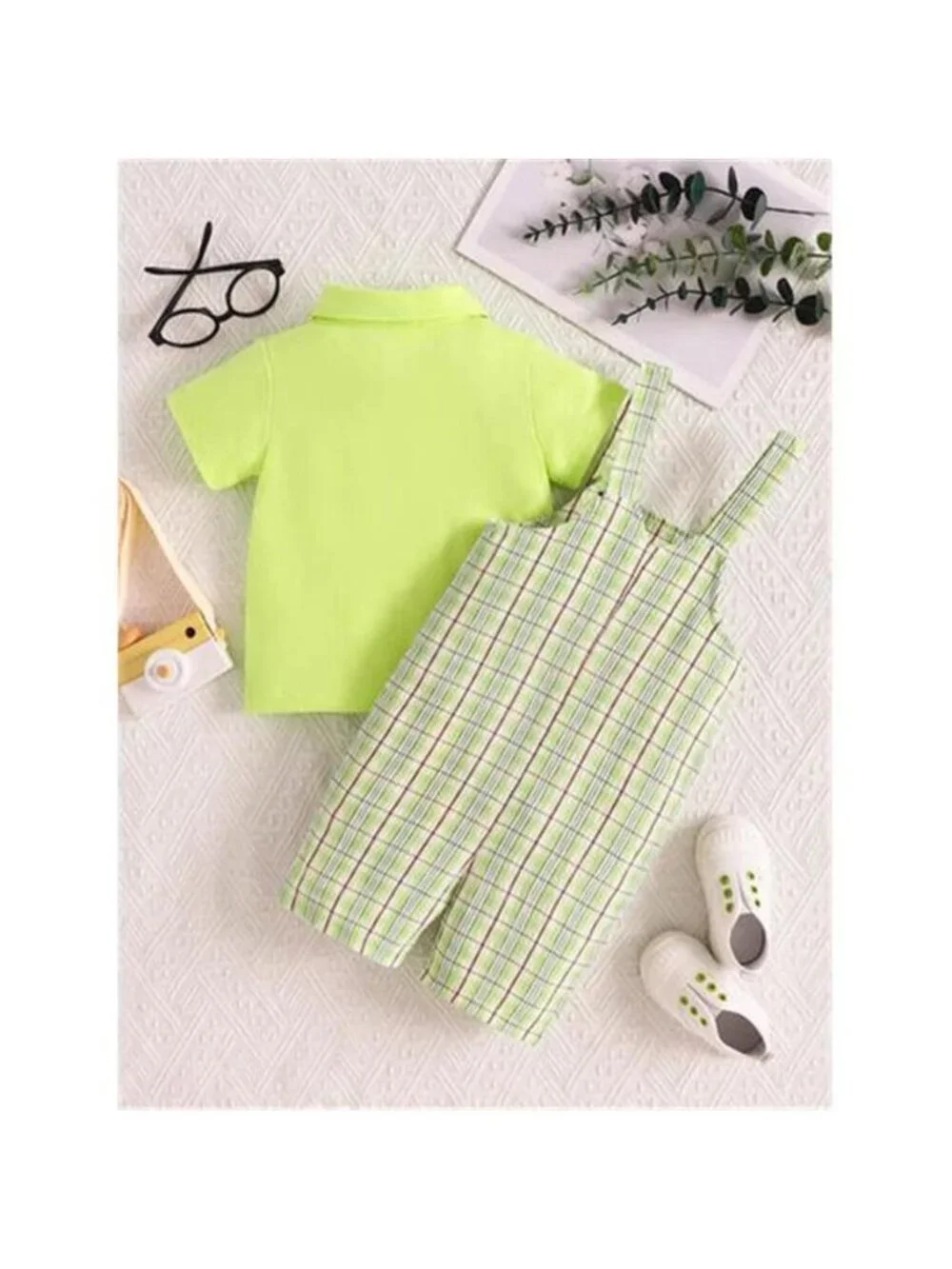 Children's Solid Color Polo & Plaid Overalls Set